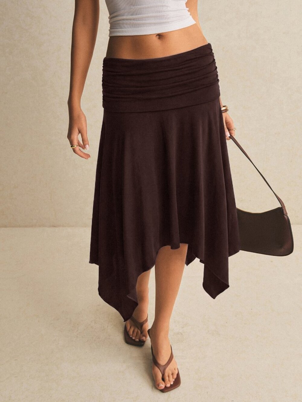 Coffee Brown Casual Women's Elegant Asymmetric Hem Skirt